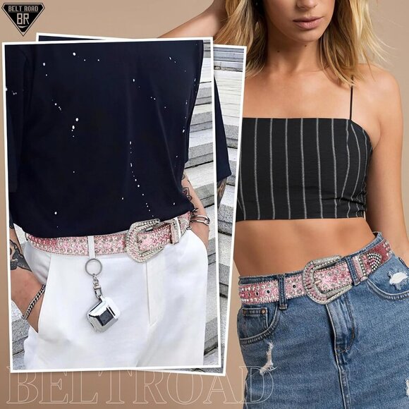 Women\'s Rhinestones Goth Bling Halloween Belt Cowgirl Western Pink Silver Belt main image 4